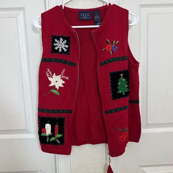 Liz Claiborne Vintage Christmas Sweater Vest Red Knit Embroidered Petite Large - Picture 9 of 12
